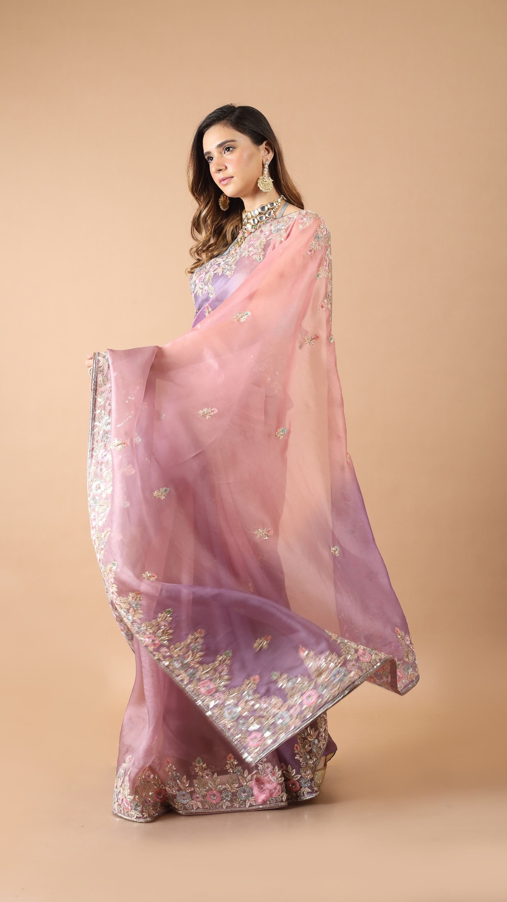 Aisha Lilac Pink 2d Embellished Organza Saree
