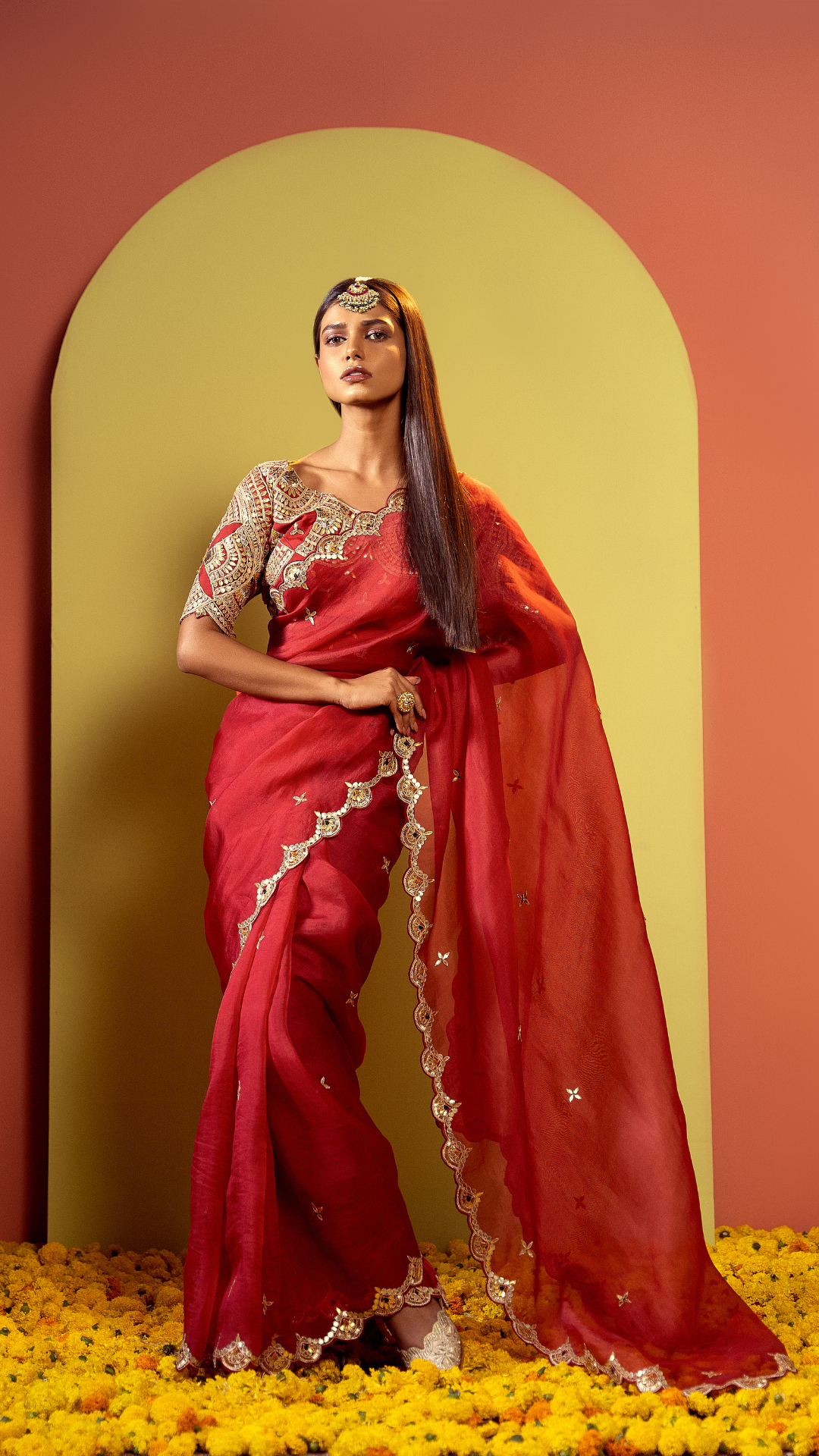 Ethereal Ensemble Red Organza Saree with Gota Patti Detailing
