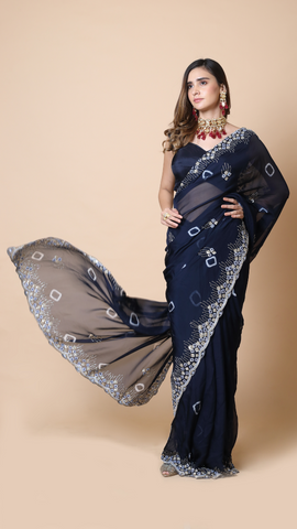 Leheriya Edit Midnight Blue Saree with Detailed sequins Border