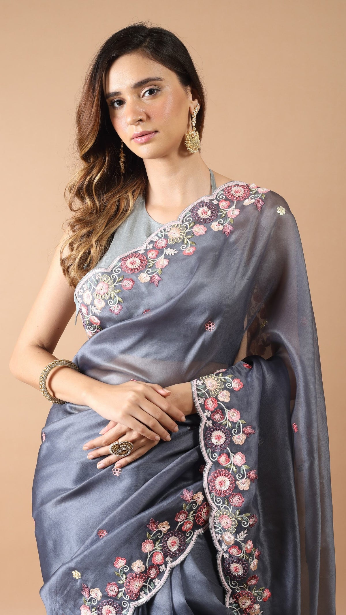 Inaya Grey Organza Saree with Floral Embroidered Border