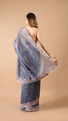 Inaya Grey Organza Saree with Floral Embroidered Border