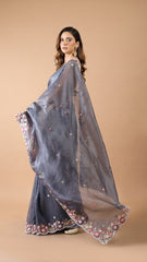 Inaya Grey Organza Saree with Floral Embroidered Border