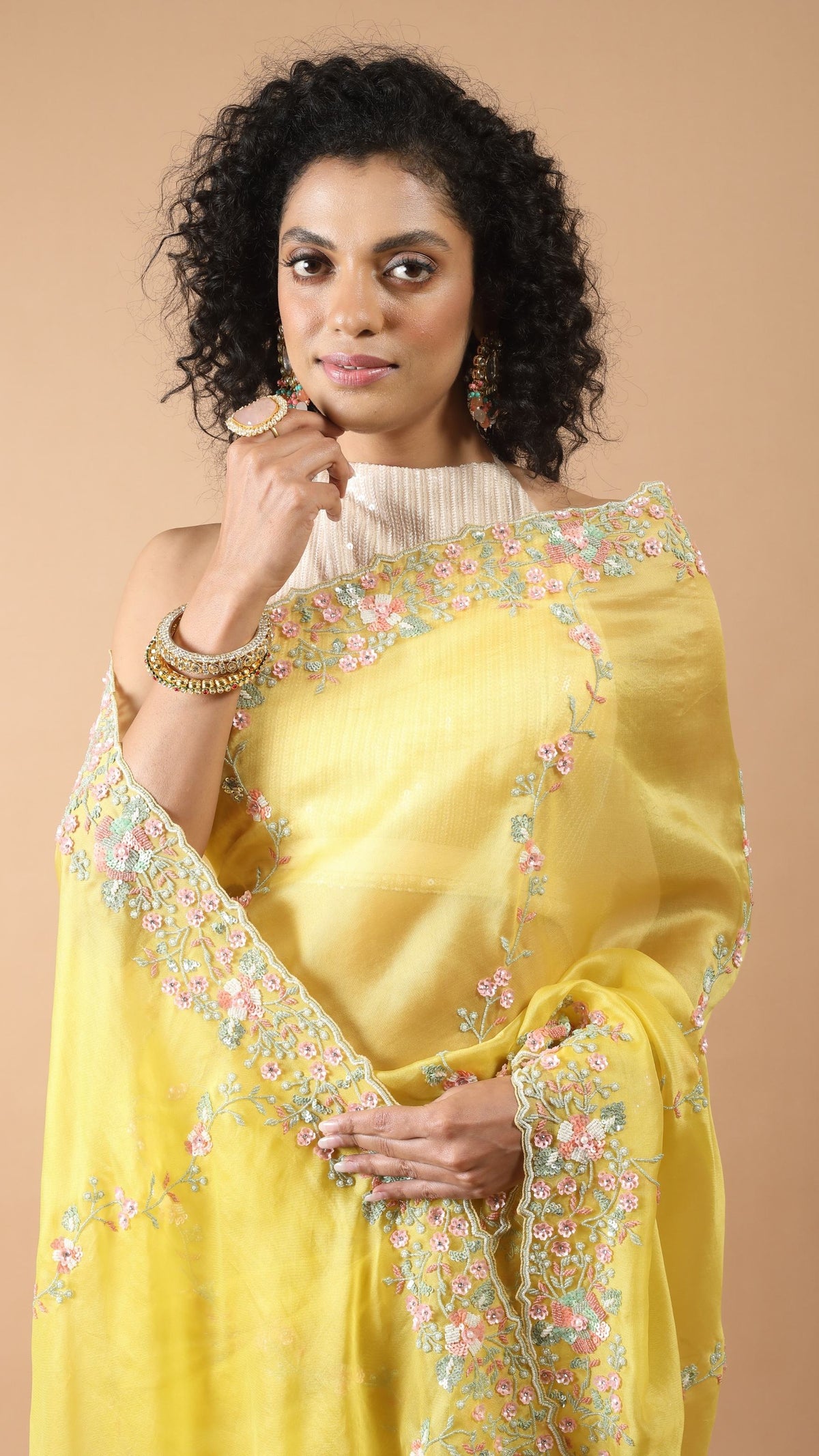 Inaya Yellow Green Floral Embroidered Border Saree
