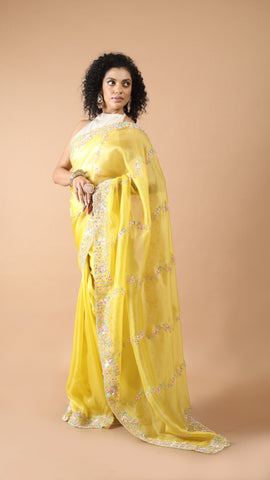 Inaya Yellow Green Floral Embroidered Border Saree
