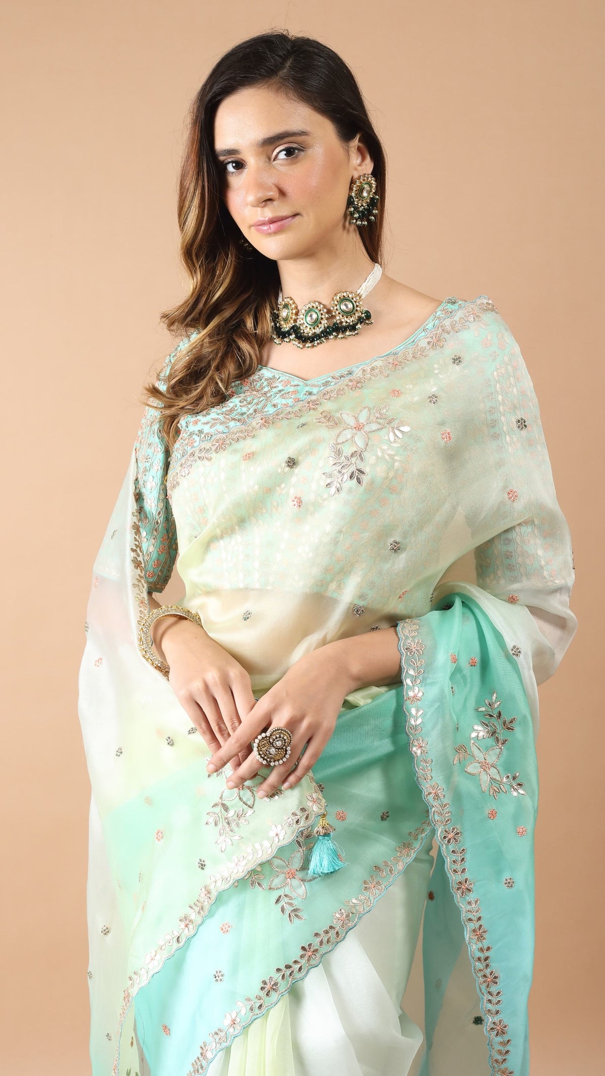 Zoya 4D Blue Tinted Gota Embroidered Saree with Embellished Blouse