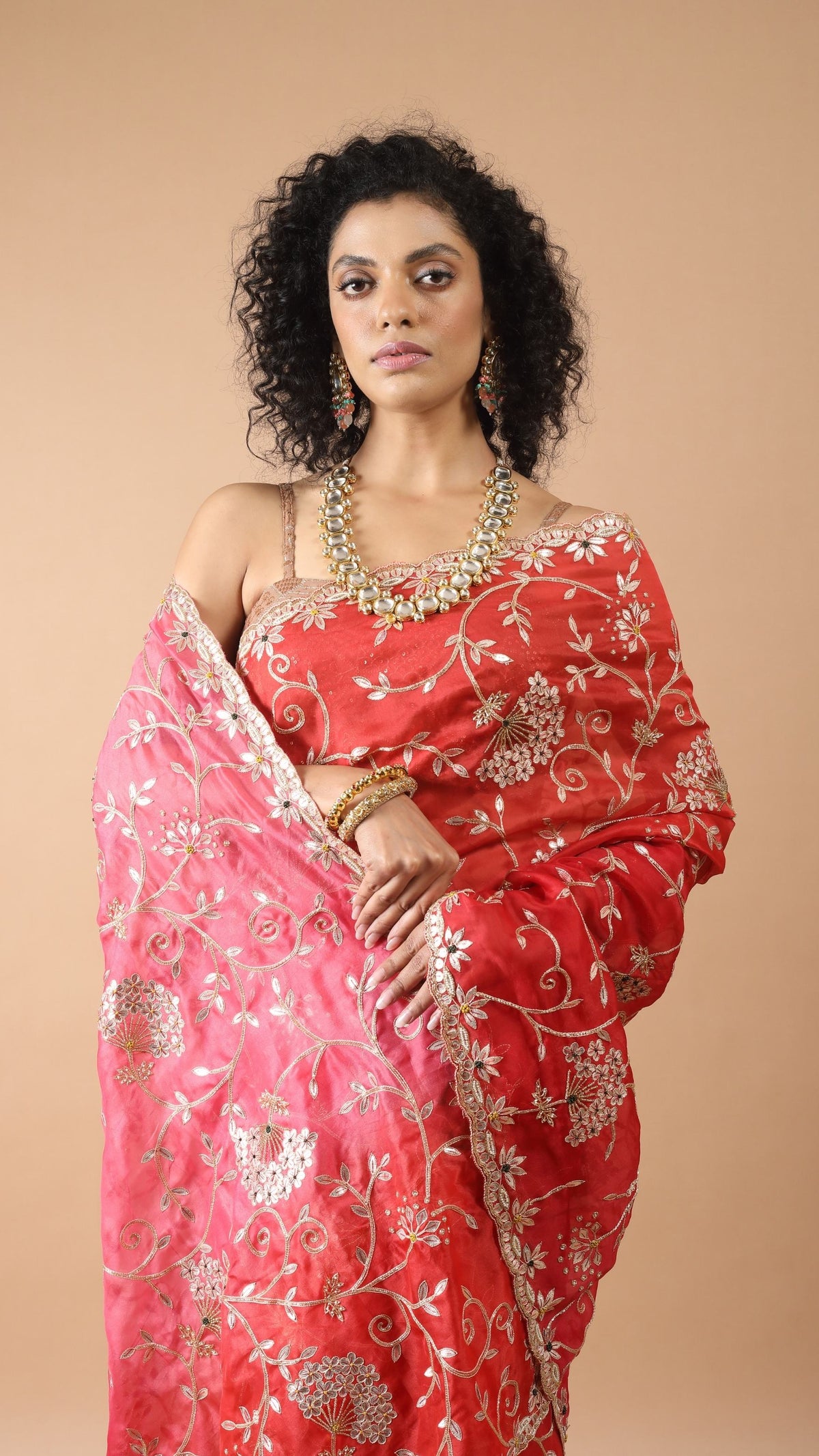 Zoya Red Shaded 2D Saree with Gota-Patti Detailing