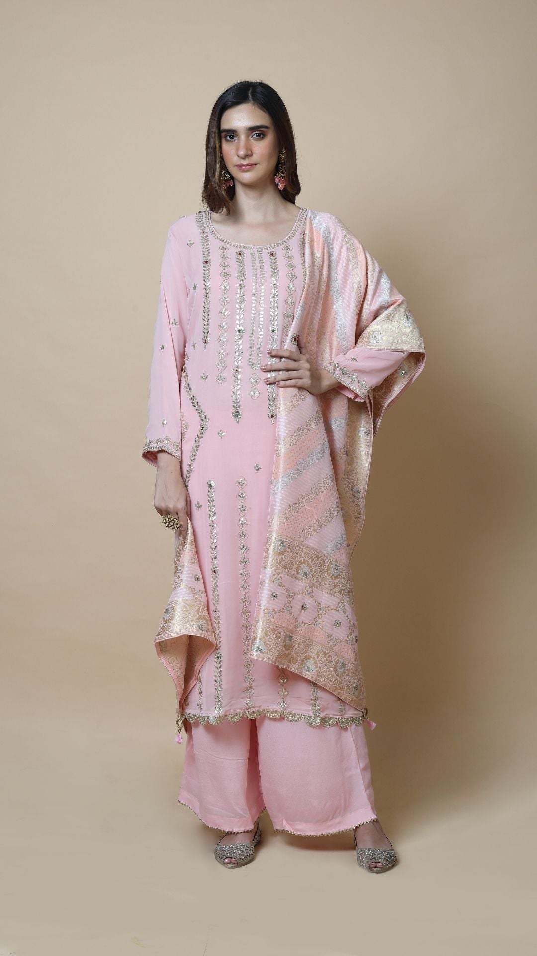 Aisha Pastel Pink Round Neck Suit with Khaddi Dupatta