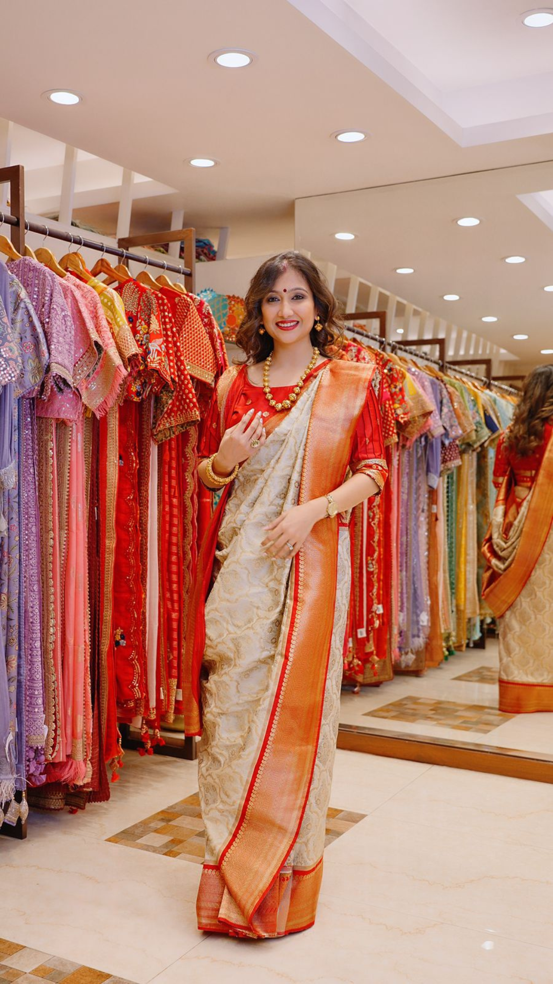 Garima Banka in our Red Border White saree