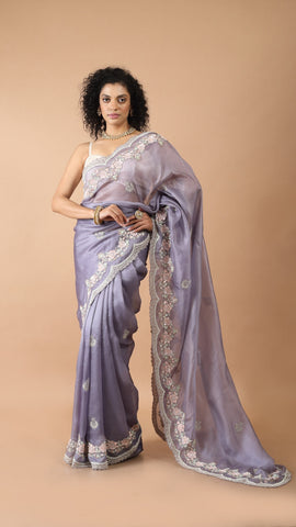 Inaya Lavender Blue Organza Floral Saree
