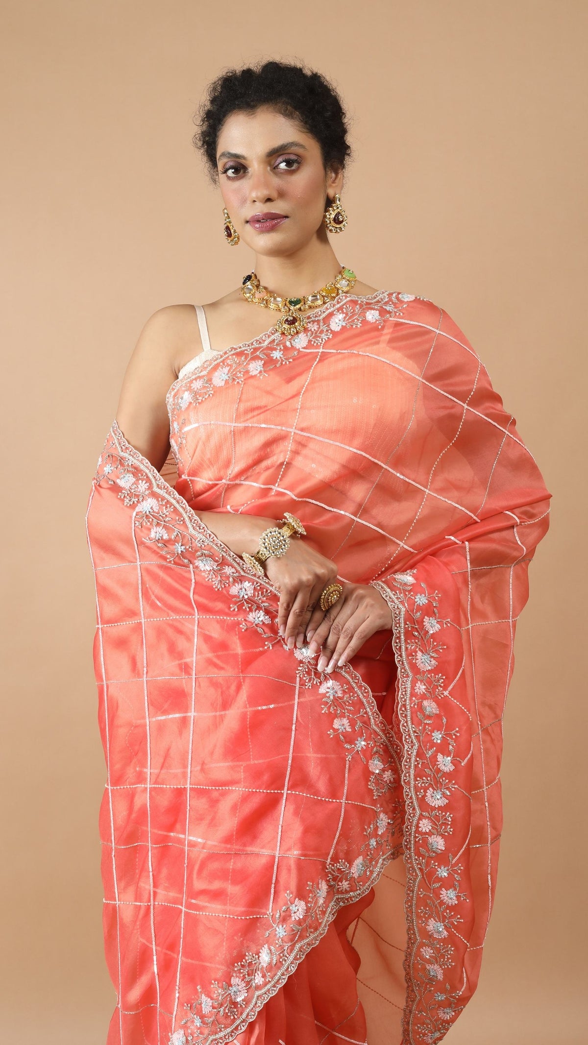 Inaya Tangerine Green Sequin Organza Saree