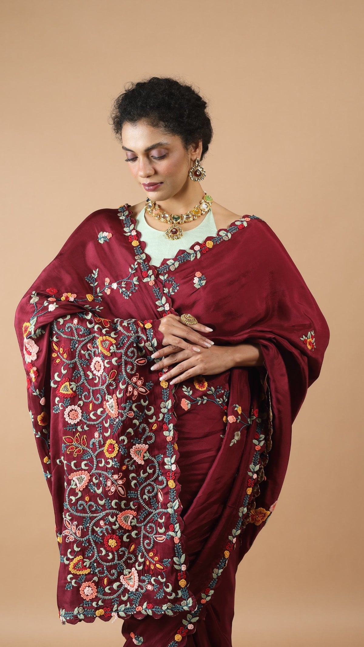 Maya Maroon Red Floral Embroidered Saree