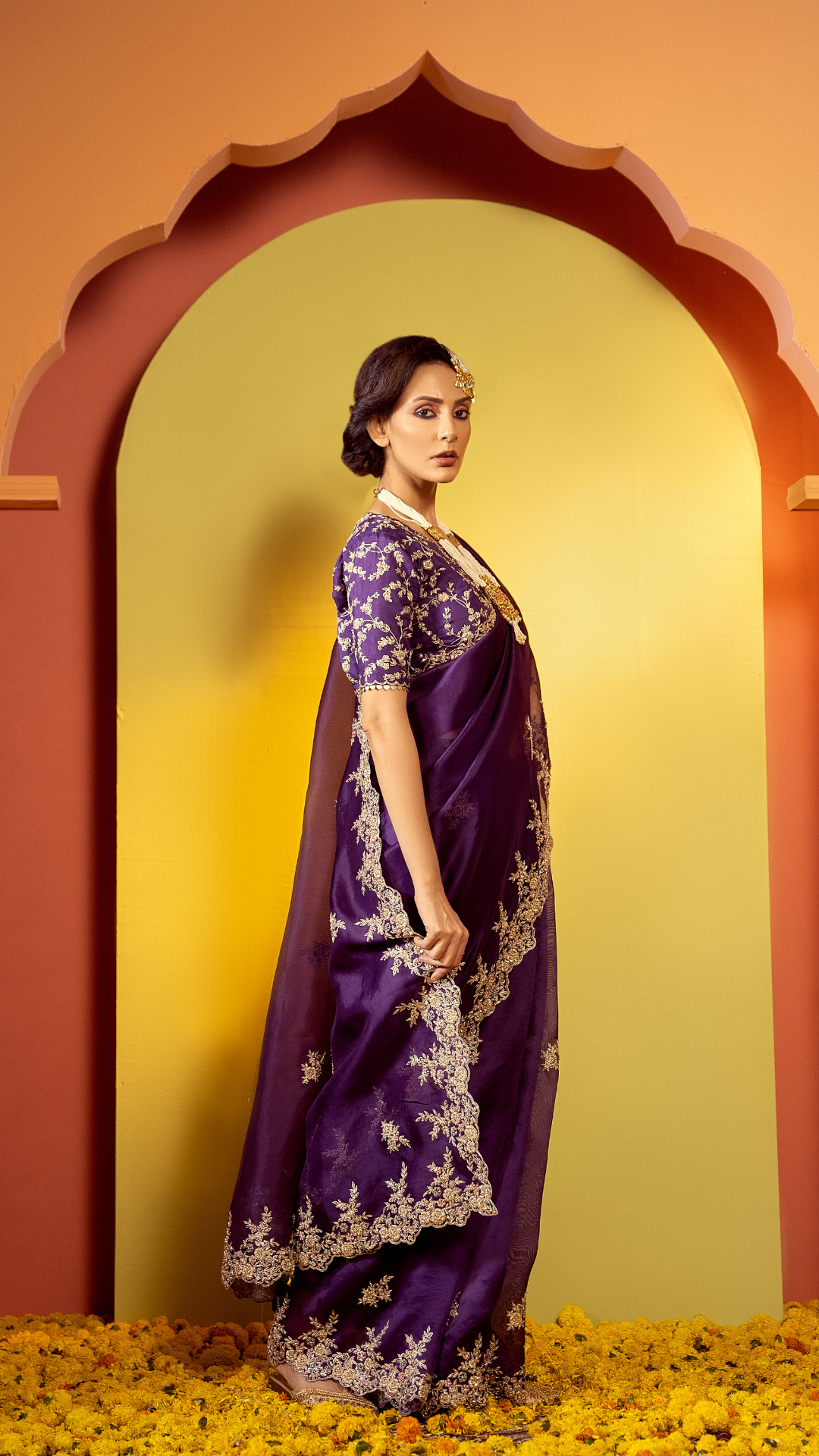 Ethereal Ensemble Byzantine Purple Saree with Golden Embroidery Detailing