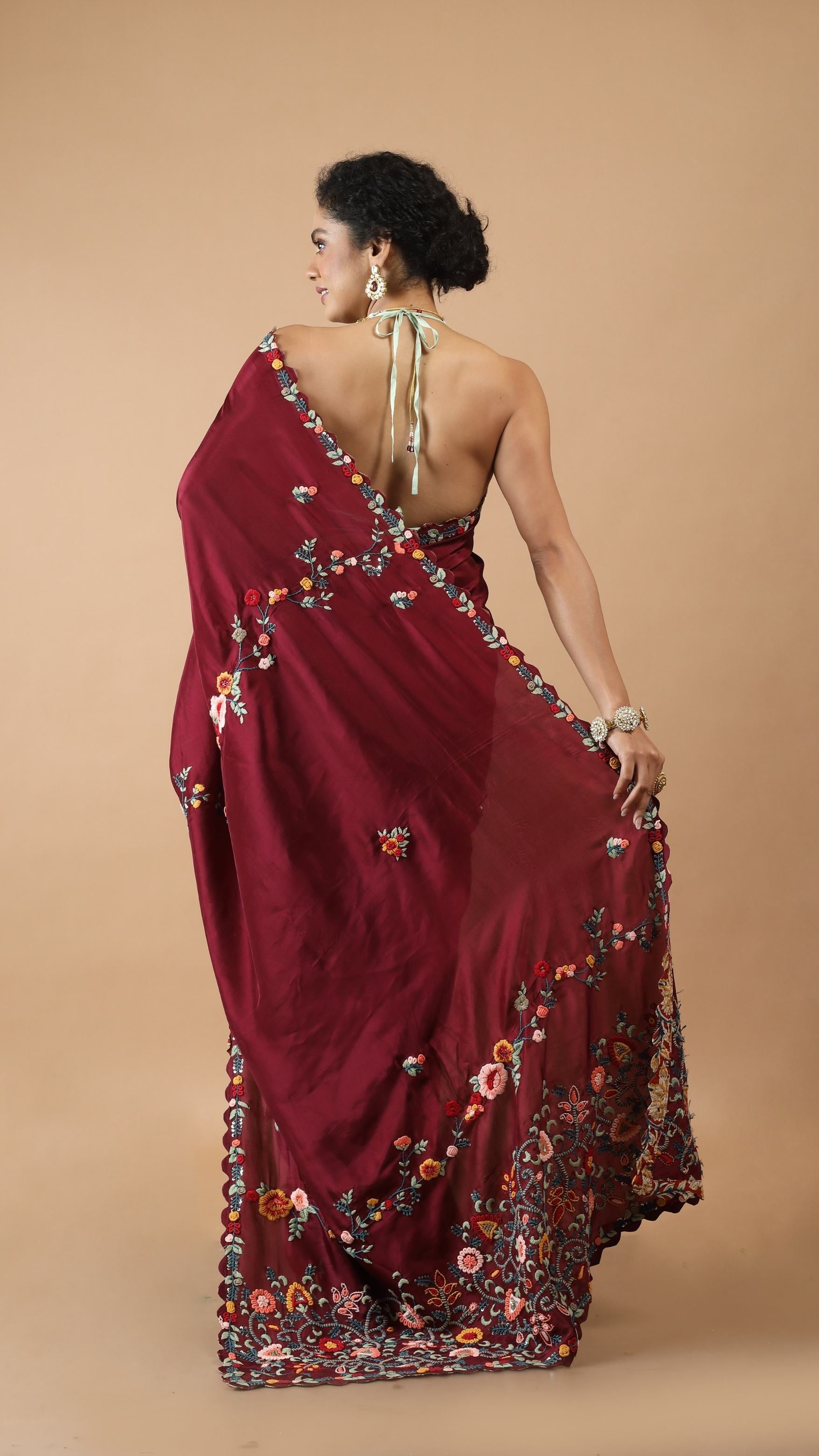 Maya Maroon Red Floral Embroidered Saree