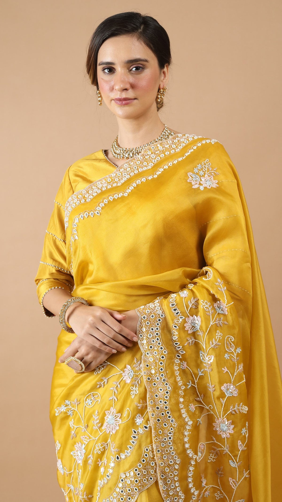 Inaya Topaz Yellow Mirror Work Saree