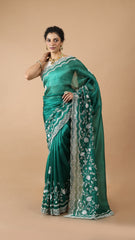 Inaya Bottle Green Mirror Embroidered Saree