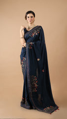 Maya Midnight Blue Upara Threadwork Saree