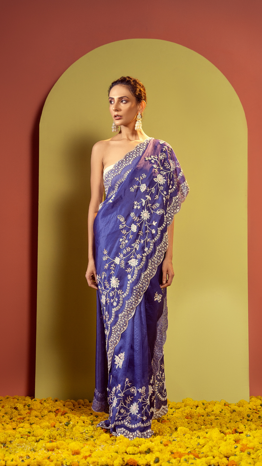 Ethereal EnsembleTwilight Blue Saree with Moti and Sequin Embellishments