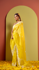 Lime Yellow Moti Work Saree