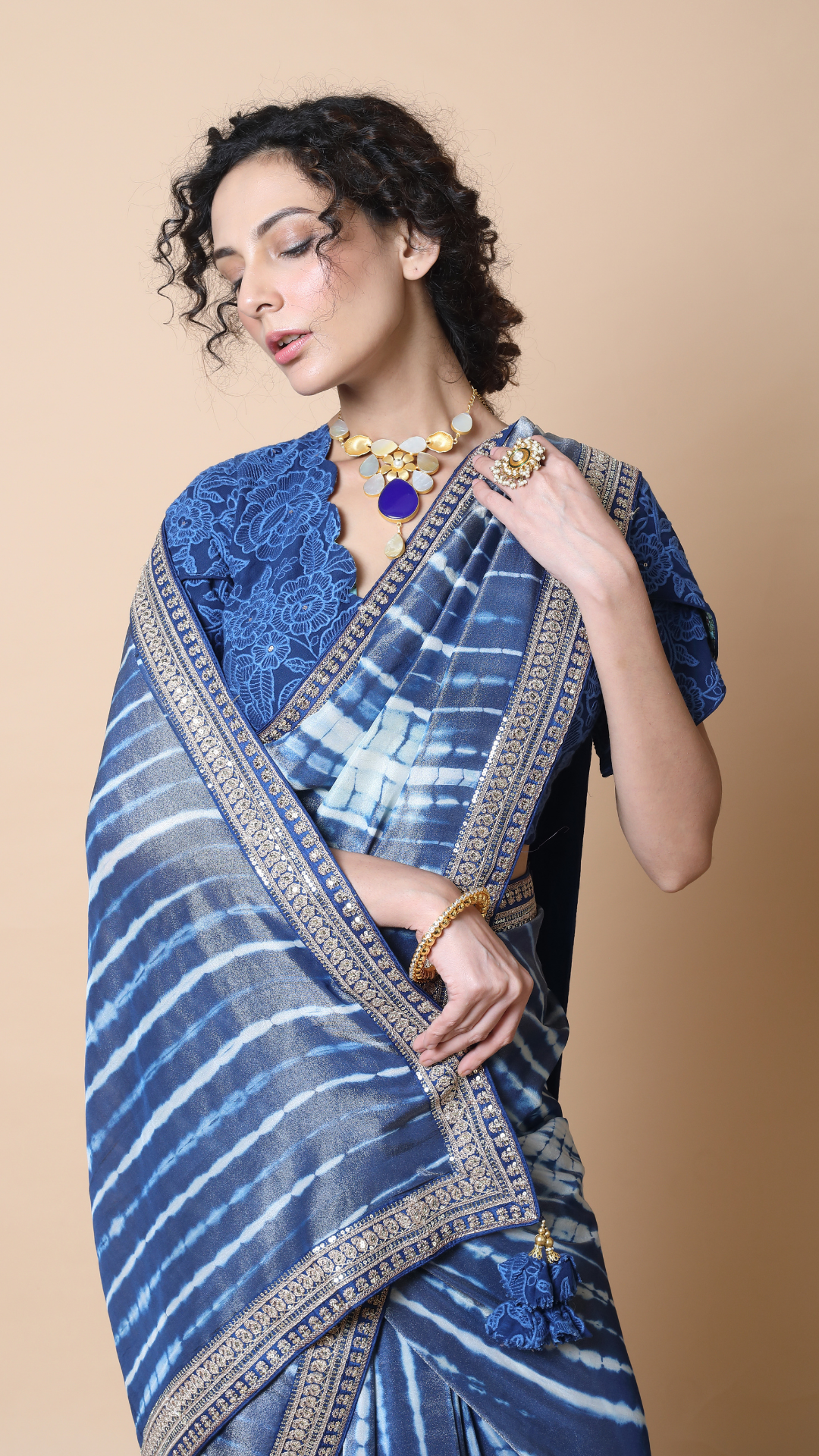 Leheriya Edit - Moroccan Blue Silver Tissue Saree with Chikankari Semi Stitched Blouse