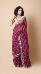 Aisha Intricate Bordered Wine Coloured Organza Saree