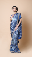 Leheriya Edit - Moroccan Blue Silver Tissue Saree with Chikankari Semi Stitched Blouse