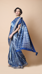 Leheriya Edit - Moroccan Blue Silver Tissue Saree with Chikankari Semi Stitched Blouse