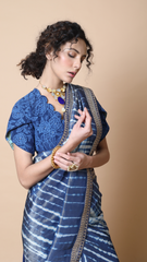 Leheriya Edit - Moroccan Blue Silver Tissue Saree with Chikankari Semi Stitched Blouse