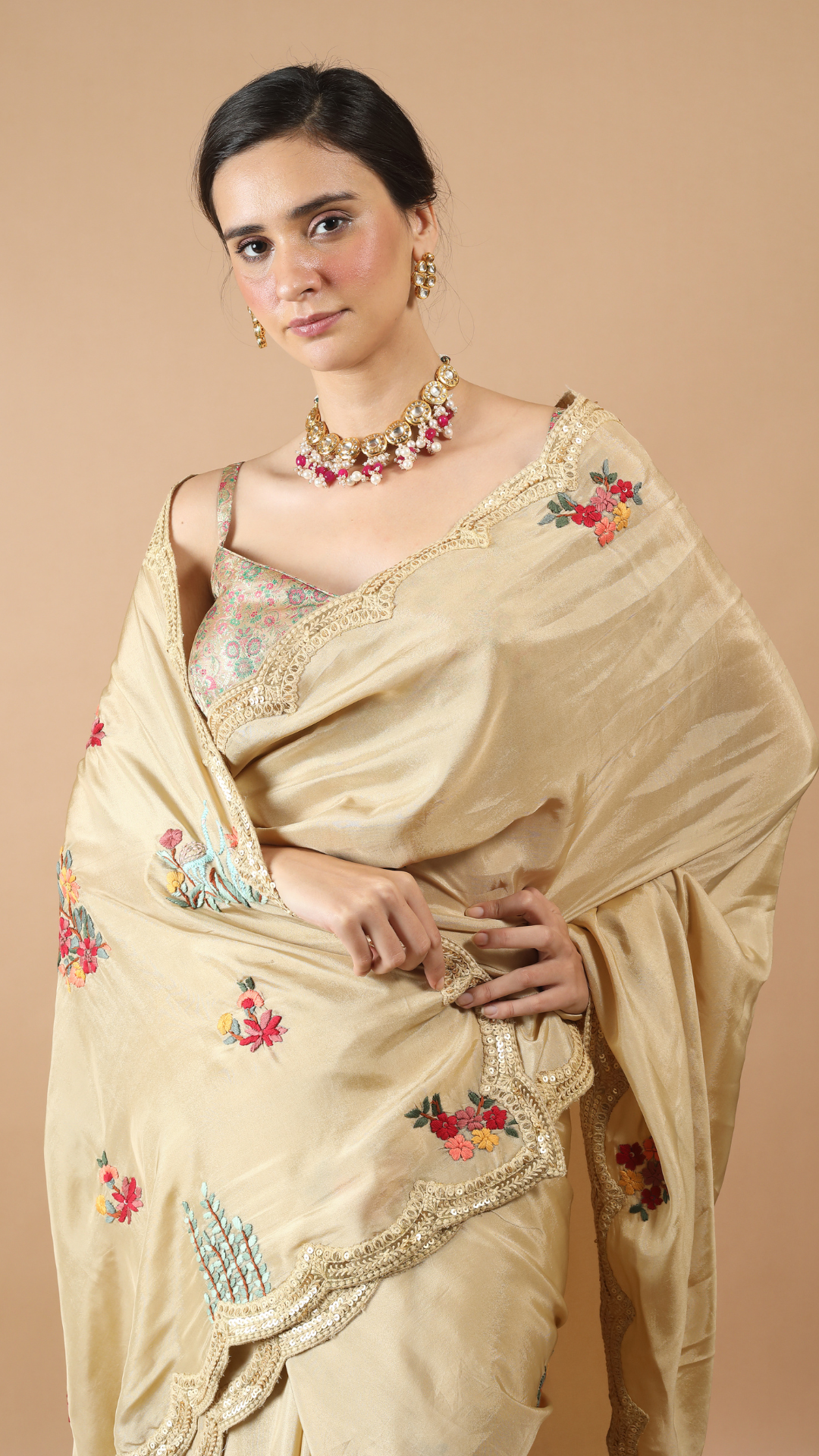 Maya Cream Colour Resham Hand Embroidered Saree