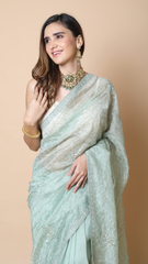Inaya Tea Green Moti Work Organza Saree
