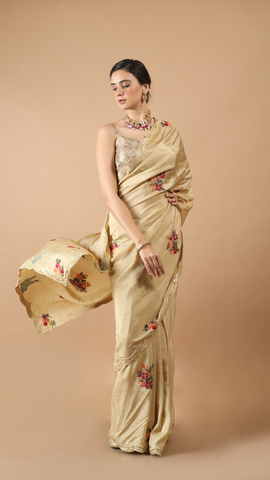 Maya Cream Colour Resham Hand Embroidered Saree