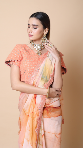 Bahaar Powder Peach Printed Saree with Mirror work Semi Stitched Blouse