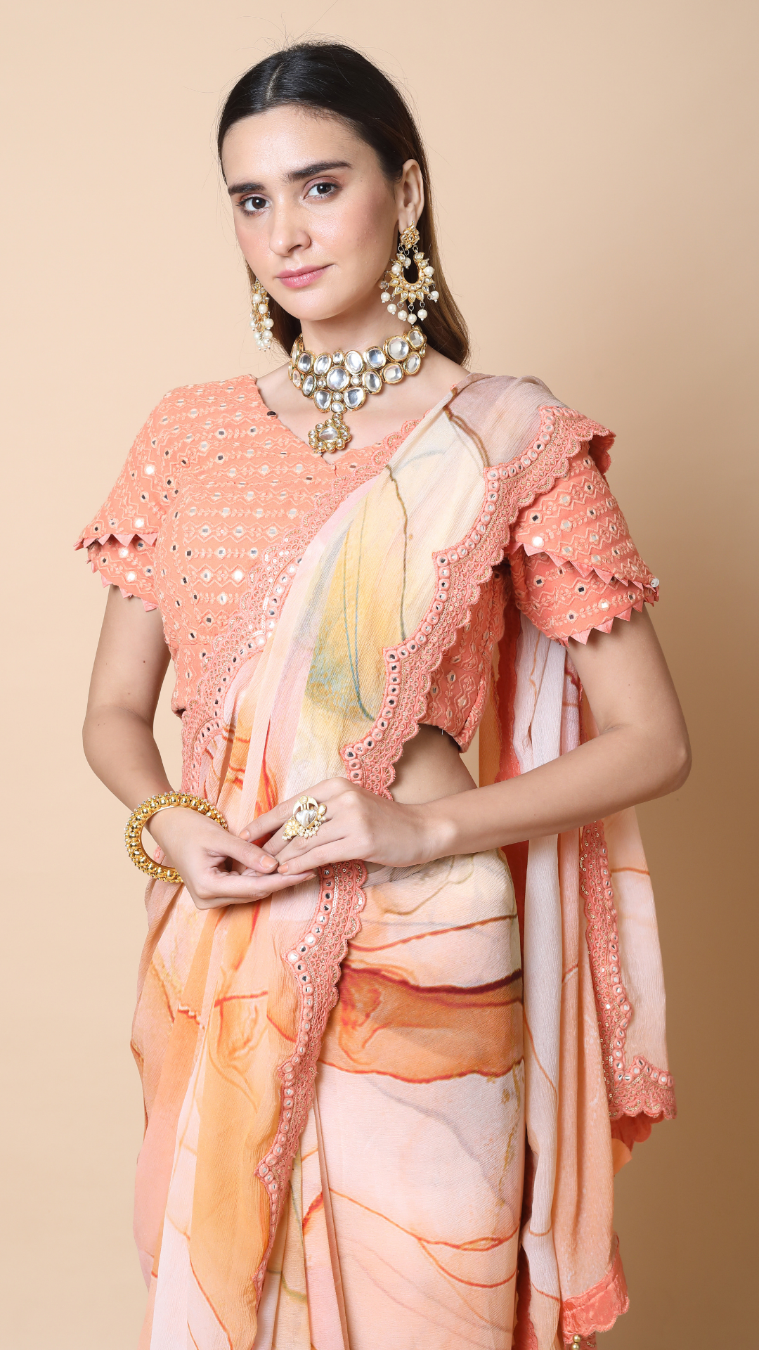 Bahaar Powder Peach Printed Saree with Mirror work Semi Stitched Blouse