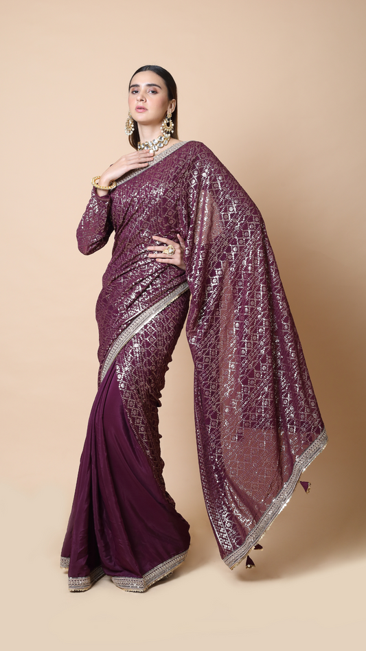 Heer Wine Georgette Sequin Saree with Intricate Border and Self Embroidered Saree