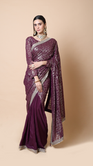 Heer Wine Georgette Sequin Saree with Intricate Border and Self Embroidered Saree