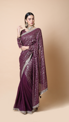 Heer Wine Georgette Sequin Saree with Intricate Border and Self Embroidered Saree