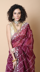 Aisha Intricate Bordered Wine Coloured Organza Saree