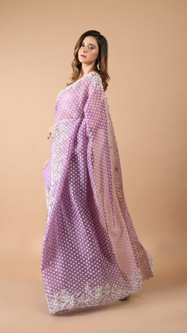 Inaya Lavender Coloured Organza Saree with Resham, Buti and Moti detailing 1
