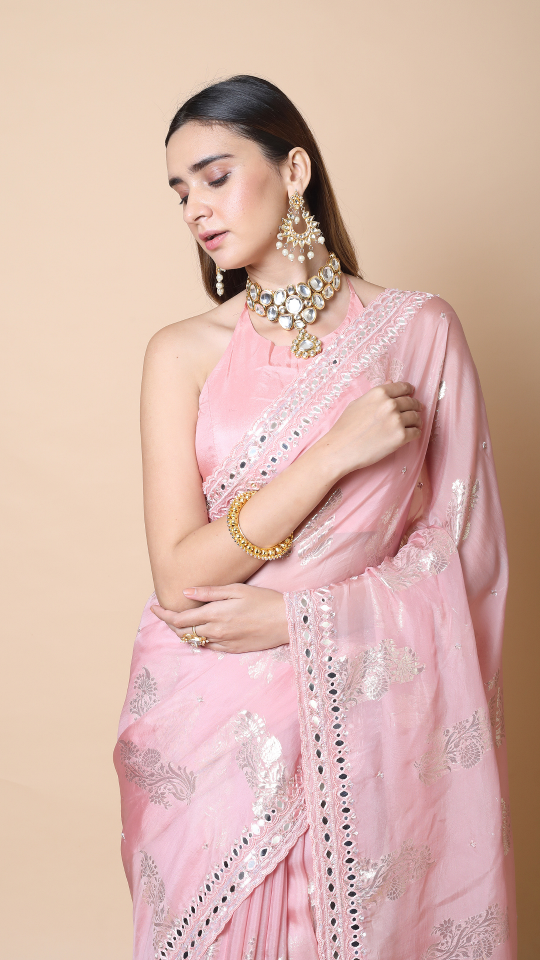 Inaya Blush Pink Mirror Embroidered Hand Work Saree