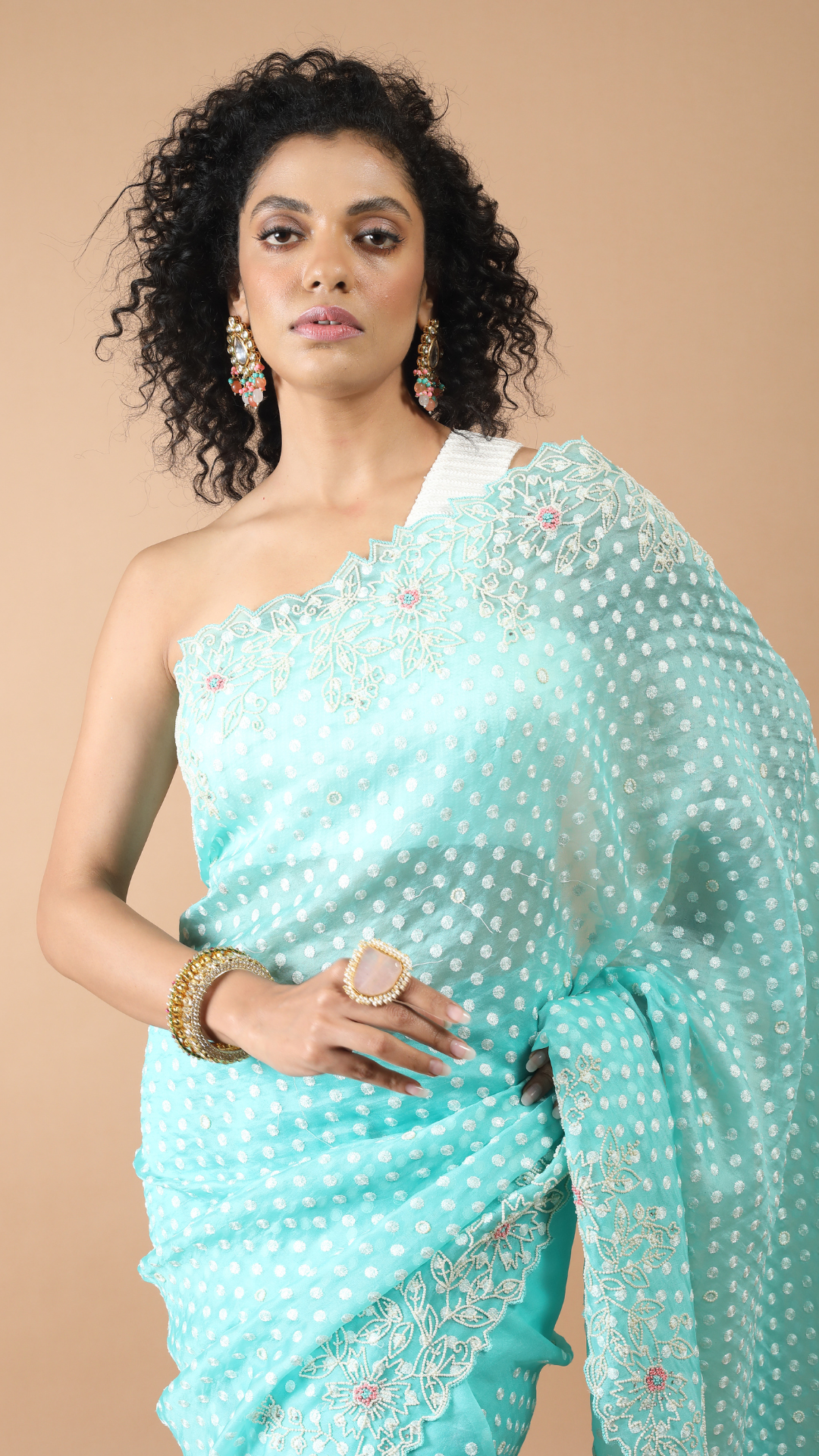 Teal Blue Organza Saree with Moti Work