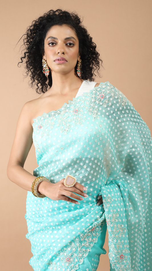 Teal Blue Organza Saree with Moti Work