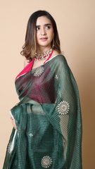 Zoya Laurel Green Check Organza Saree with Gota Detailing