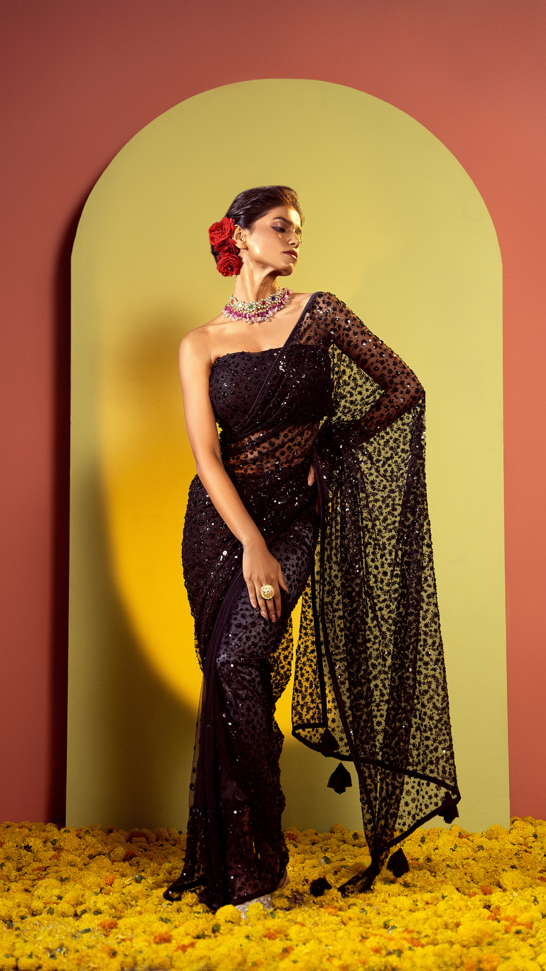 Ethereal Ensemble Black Net Sequin Work Saree
