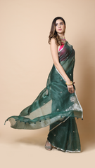Zoya Laurel Green Check Organza Saree with Gota Detailing