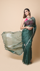 Zoya Laurel Green Check Organza Saree with Gota Detailing