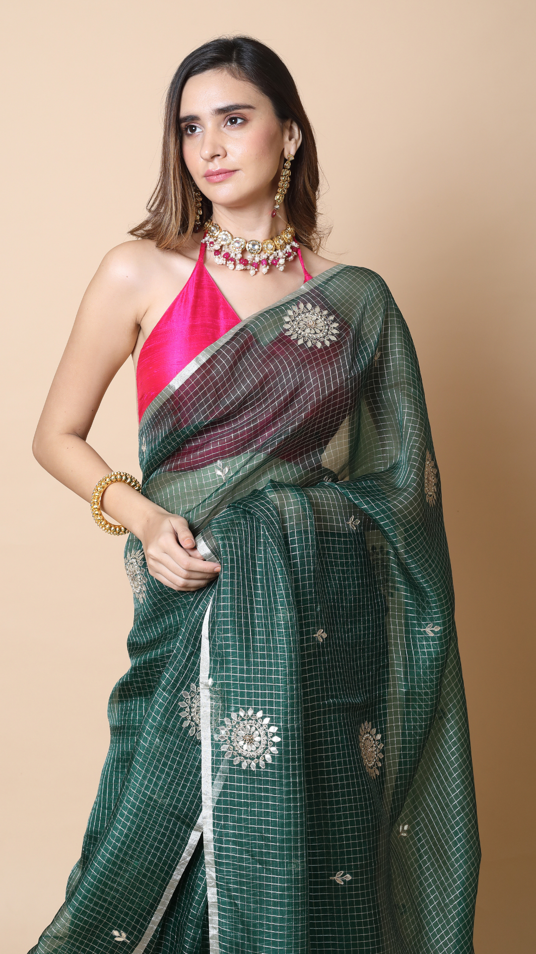 Zoya Laurel Green Check Organza Saree with Gota Detailing