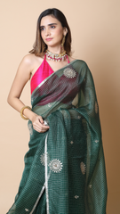 Zoya Laurel Green Check Organza Saree with Gota Detailing