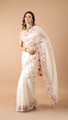 Inaya Pearl White Threadwork and Sequins Detailed Saree