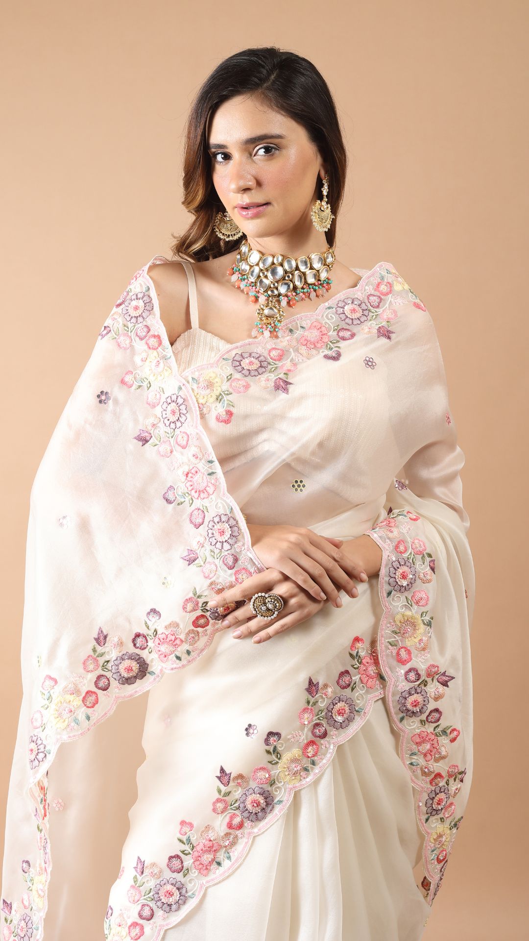 Inaya Pearl White Threadwork and Sequins Detailed Saree
