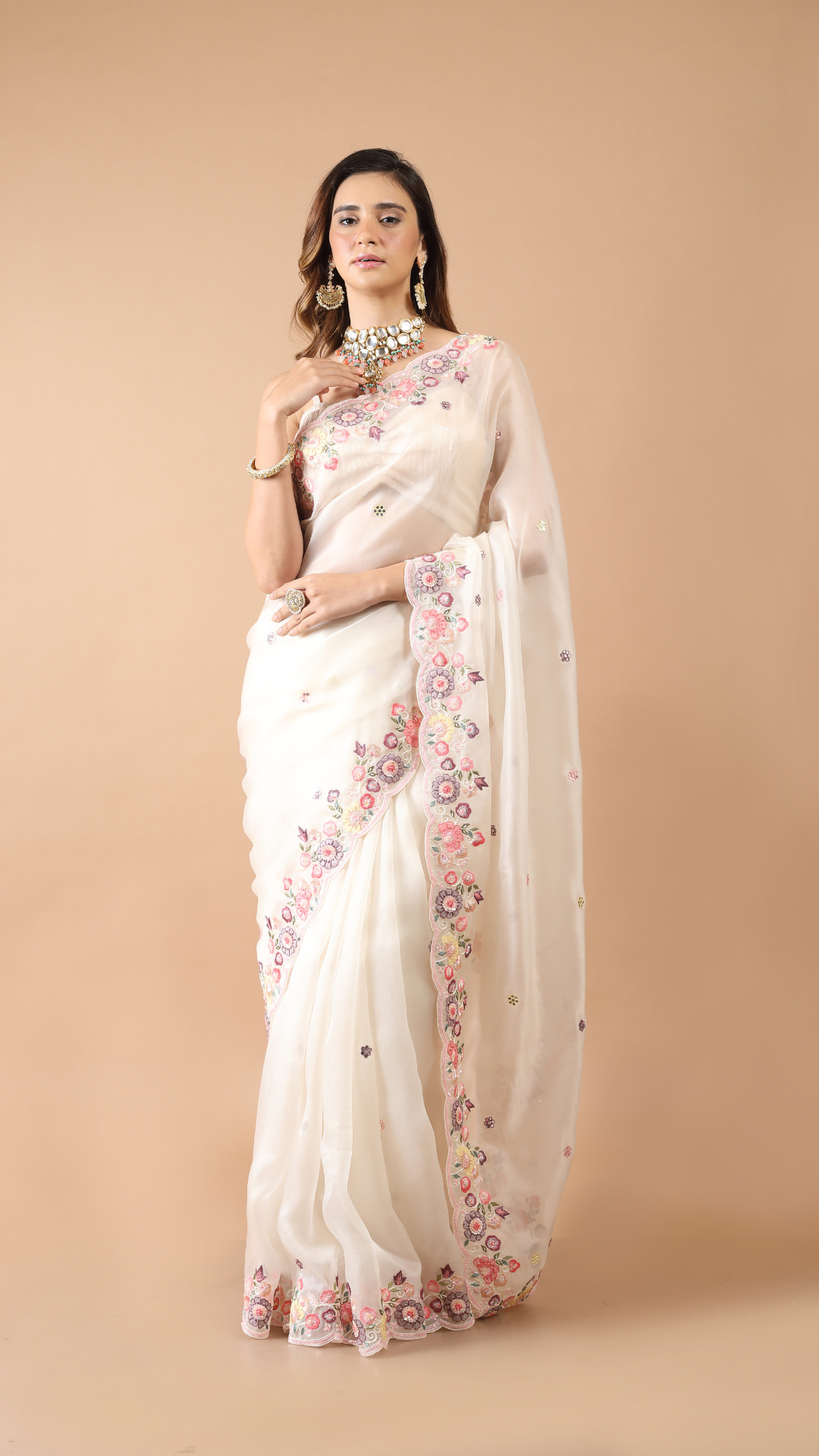 Inaya Pearl White Threadwork and Sequins Detailed Saree
