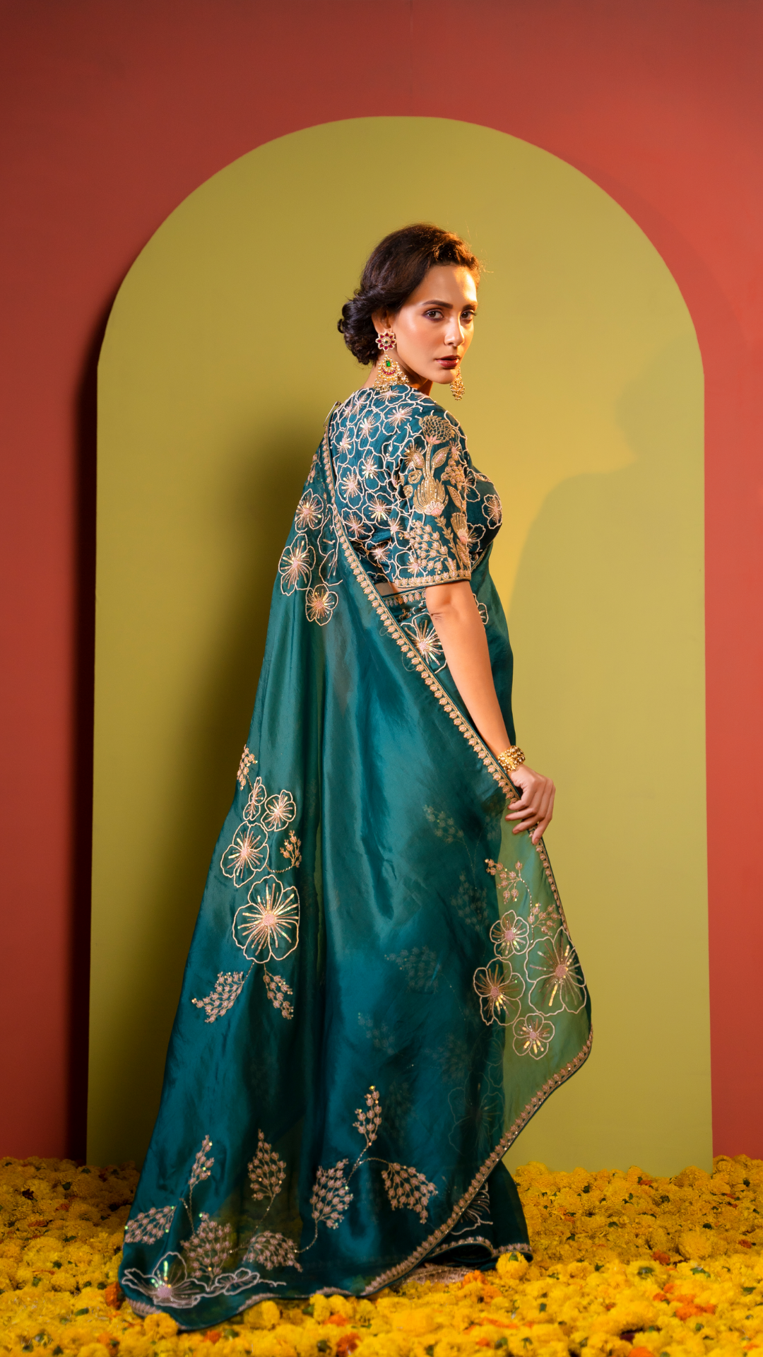 Ethereal Ensemble Everglade Green Saree with Sequin and Moti Embellishments